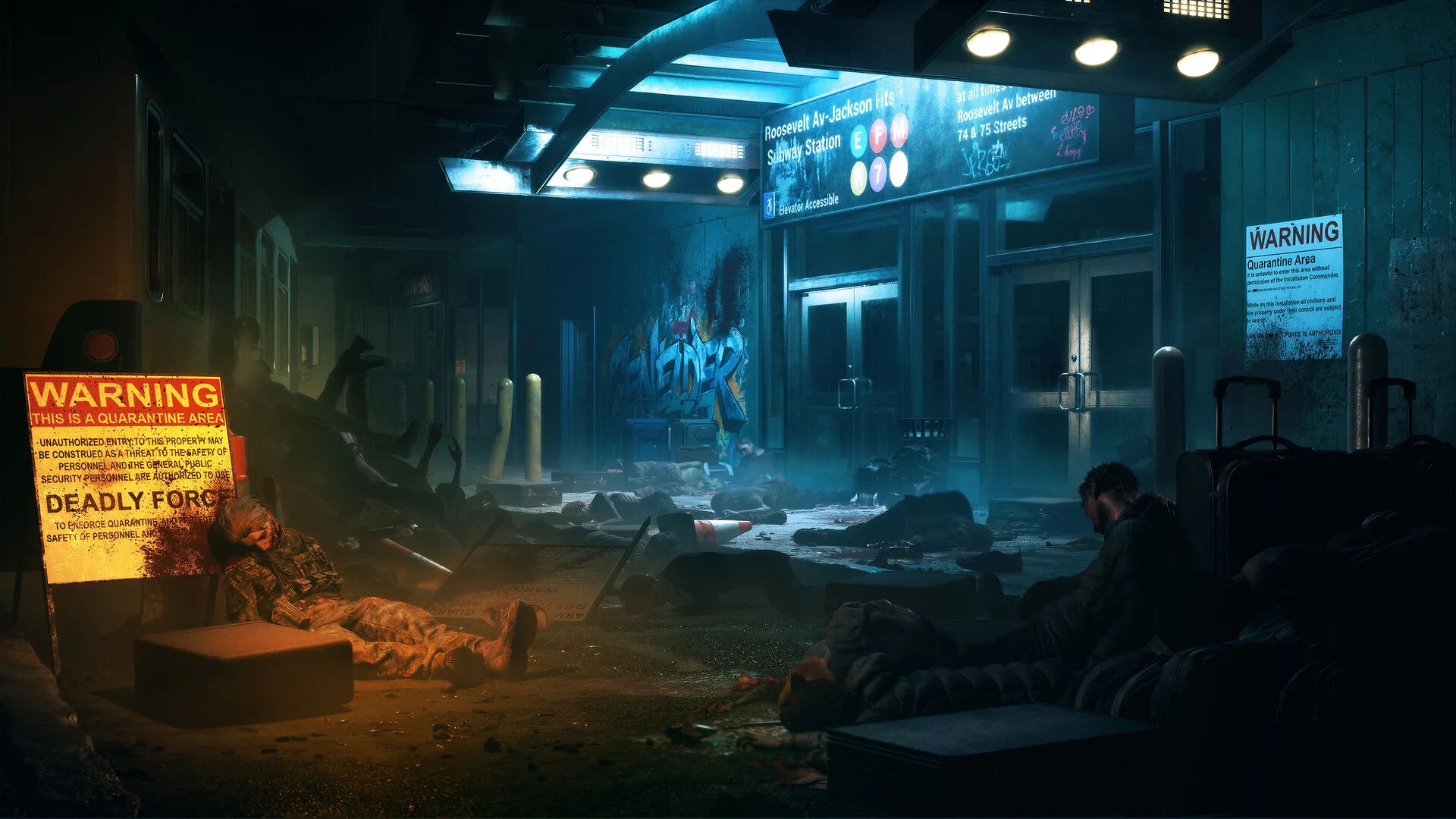 A dark No More Room in Hell 2 location with a warning sign and bodies